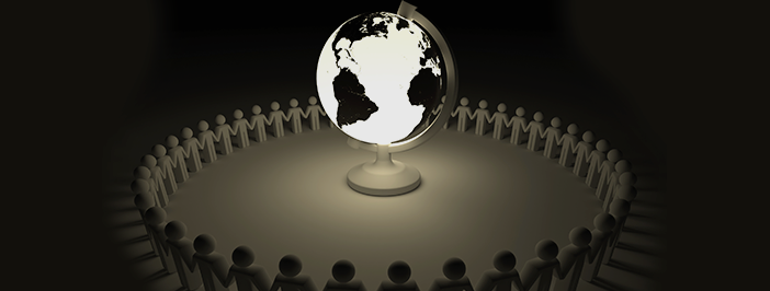 Earth globe surrounded by people brought together by unified communications.