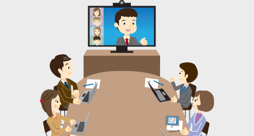 Animated business people participating in video conferencing.