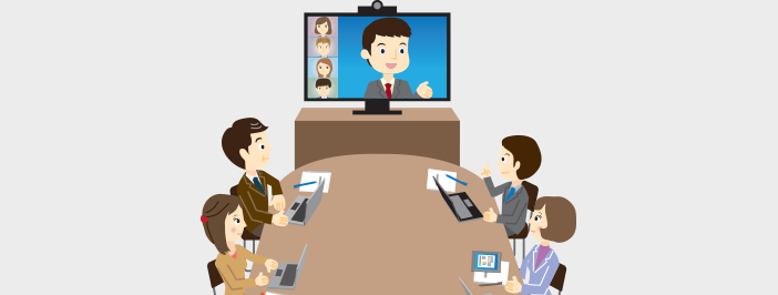 Animated business people participating in video conferencing.